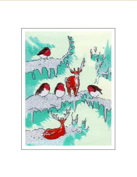 J & J Cash woven Christmas card, with no words, with image of a robins with reindeer, and titled: ROBINS
