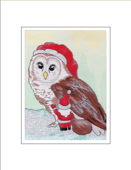J & J Cash woven Christmas card, with no words, with image of an owl wearing a hat, and Father Christmas, and titled: OWL