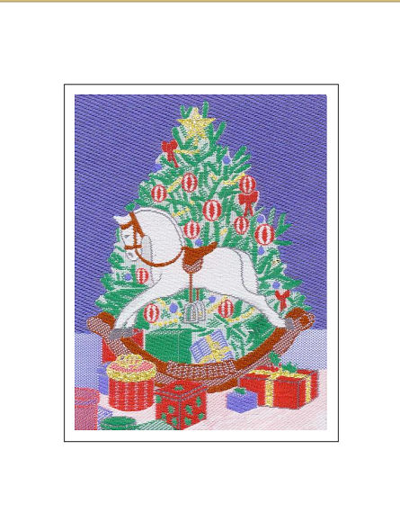 J & J Cash woven Christmas card, with no words, with image of a large rocking horse in front of a Christmas tree, and titled: ROCKING HORSE