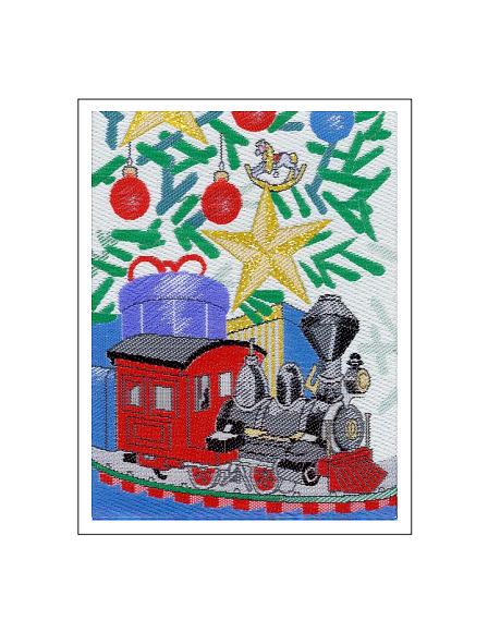 J & J Cash woven Christmas card, with no words, and image of a train set running around a Christmas tree, and titled: TRAIN SET
