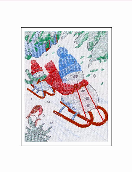 J & J Cash woven Christmas card, with no words, and image of two snowmen riding on sledges, and titled: SLEDGE