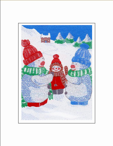 J & J Cash woven Christmas card, with no words, and image of two snowmen with a child between them, and titled: SNOW CHILD