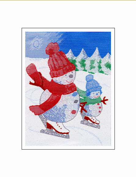 J & J Cash woven Christmas card, with no words, and image of two snowmen ice skating, and titled: ICE SKATING