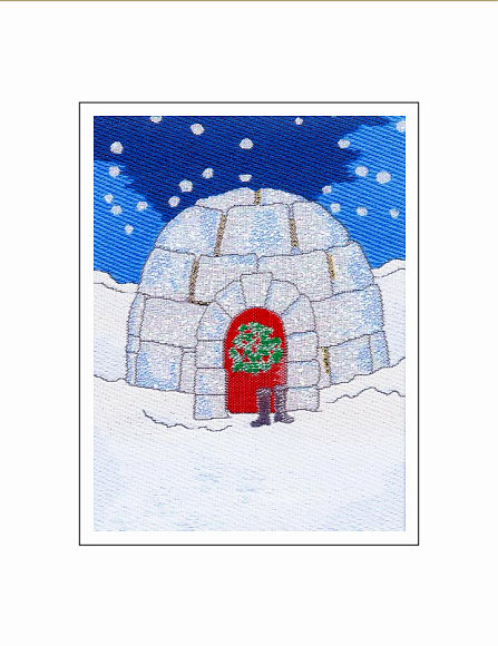 J & J Cash woven Christmas card, with no words, and image of an igloo, and titled: IGLOO