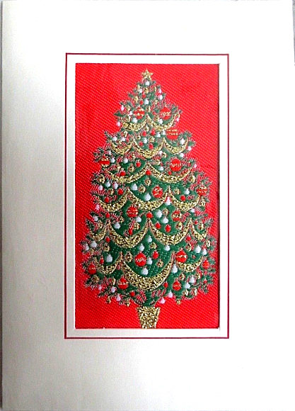 J & J Cash woven Christmas card, with no words, with image of a Christmas Tree with baubles