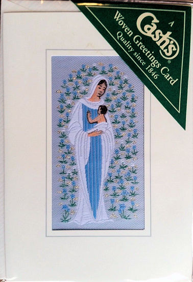 J & J Cash woven Christmas card, with no words, and image of Madonna & Child, surrounded by flowers