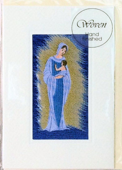 J & J Cash woven Christmas card, with no words, and image of Madonna & Child, surrounded by gold
