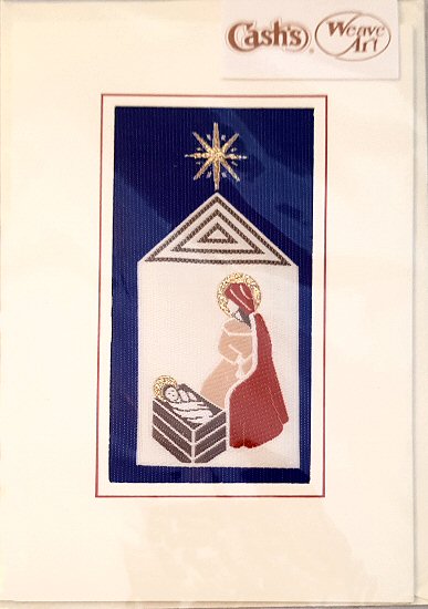 J & J Cash woven Christmas card, with no words, but image of the Nativity, with Mary and Jesus