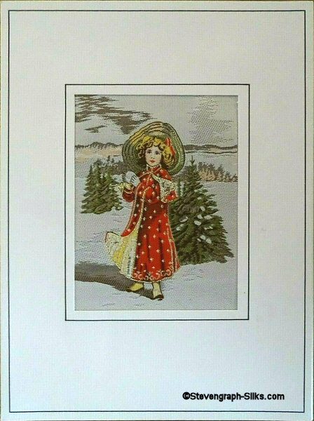 J & J Cash woven Christmas card, with no words, with image of a young woman with snowball