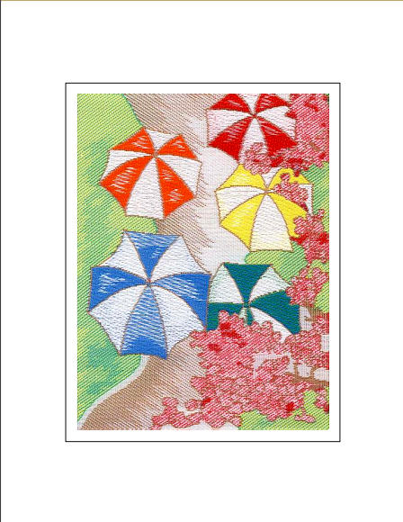 J & J Cash woven Nostalgic card, with no words, but image of multiple open umbrellas, titled: UMBRELLAS