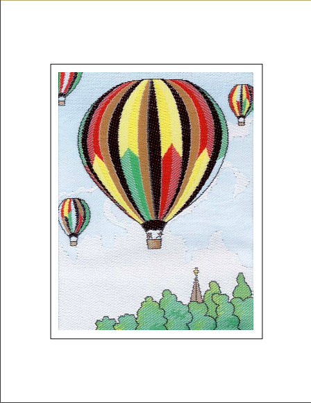 J & J Cash woven Nostalgic card, with no words, but image of a multi-coloured hot air balloon, titled: HOT AIR BALLOON