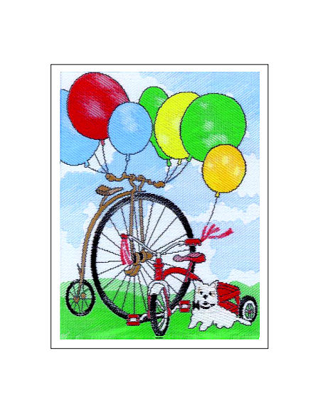J & J Cash woven Nostalgic card, with no words, but image of a penny farthing bicycle, balloons and a small white dog, titled: PENNY FARTHING