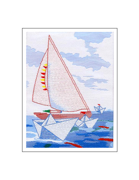 J & J Cash woven Nostalgic card, with no words, but image of a sailing yacht, titled: SAILING BOAT