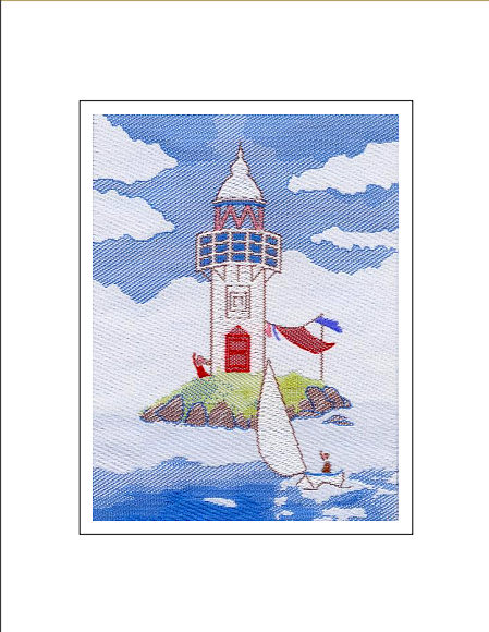 J & J Cash woven Nostalgic card, with no words, but image of a lighthouse, titled: LIGHTHOUSE