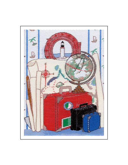 J & J Cash woven Nostalgic card, with no words, but image of suit cases and globe, titled: TRAVEL