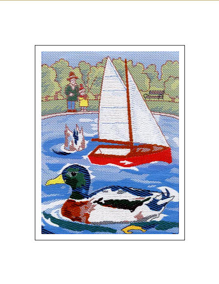 J & J Cash woven Nostalgic card, with no words, but image of a model sailing boat and mallard duck, titled: MODEL BOAT