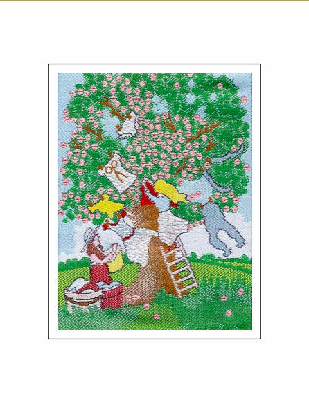 J & J Cash woven Nostalgic card, with no words, but image of lady hanging clothes on a tree with a strong wind, titled: CLOTHES TREE