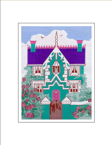 J & J Cash woven Nostalgic card, with no words, but image of a large detached house, titled: HOUSE