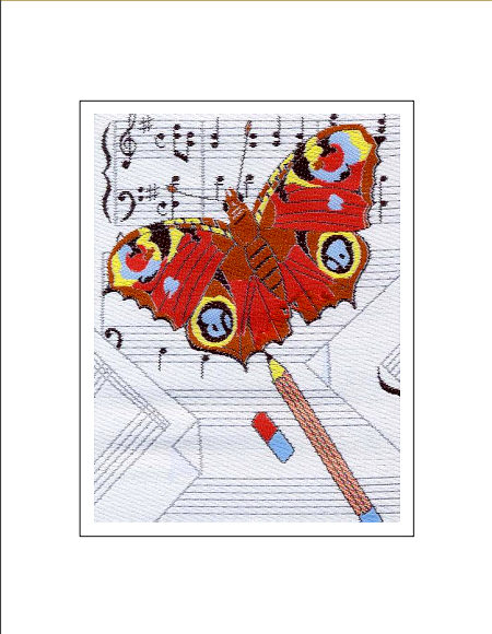 J & J Cash woven Nostalgic card, with no words, but drawing on music score of a butterfly, titled: BUTTERFLY