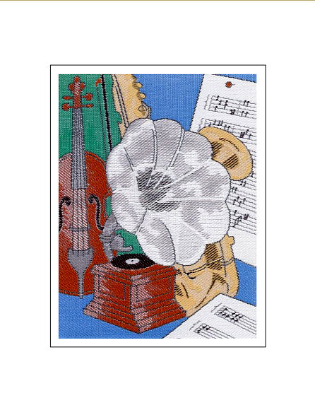 J & J Cash woven Nostalgic card, with no words, but image of an old fashined wind up gramaphone and musical instruments, titled: GRAMAPHONE