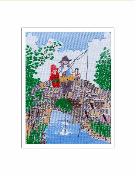 J & J Cash woven Nostalgic card, with no words, but image of man and child sat on a bridge with fishing lines, titled: FISHING