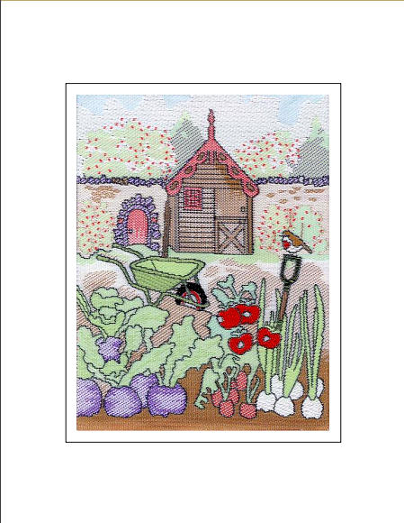 J & J Cash woven Nostalgic card, with no words, but image of a garden with shed, wheelbarrow and vegetables, titled: GARDEN
