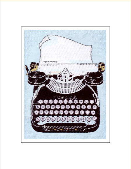 J & J Cash woven Nostalgic card, with no words, but image of old fashioned manual typewriter, titled: TYPEWRITER