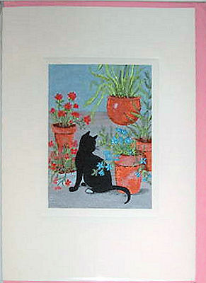 J & J Cash woven card, with no words, but picture of a Black Cat sitting with plant pots
