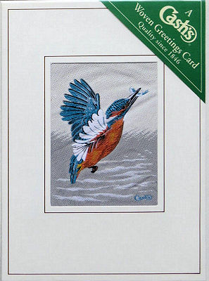 J & J Cash woven card, with no words, but picture of a Kingfisher with a fish in its beak