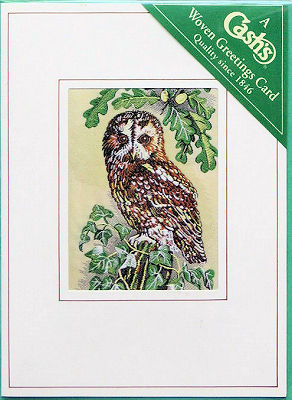 J & J Cash woven card, with no words, but picture of a Tawny Owl - with acorns & ivy
