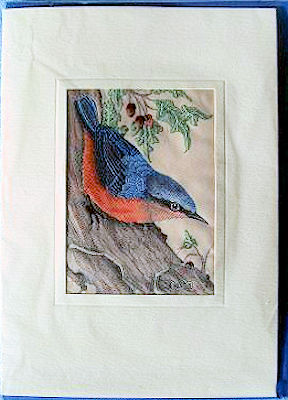 J & J Cash woven card, with no words, but picture of a Nuthatch - on tree trunk