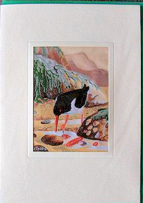 J & J Cash woven card, with no words, but picture of an Oystercatcher