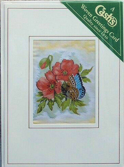 J & J Cash woven butterfly and flower card, with no title words, but picture of a Chalkhill Blue butterfly & Poppy flowers