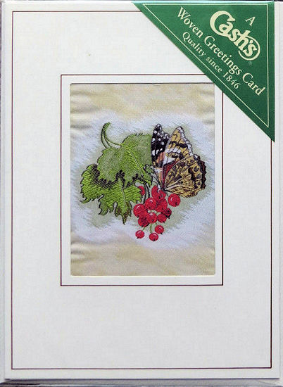 J & J Cash woven butterfly and flower card, with no title words, but picture of a Painted Lady butterfly & Redcurrant berries