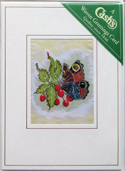J & J Cash woven butterfly and flower card, with no title words, but picture of a Peacock butterfly & Hawthorn berries