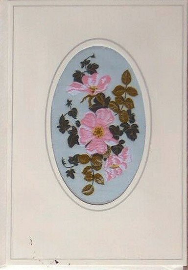 J & J Cash woven flower card, with no title words, but picture of dog roses