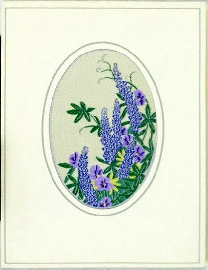 J & J Cash woven flower card, with no title words, but picture of lupins and other flowers