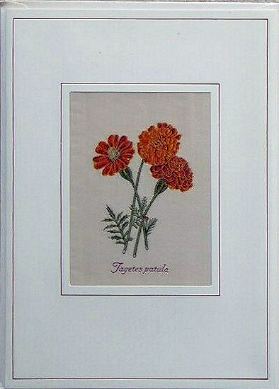 J & J Cash woven flower card, with title words: Tagetes patula