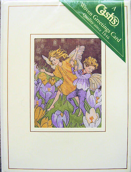 J & J Cash woven card, with no words, with image of a Crocus Flower Fairies