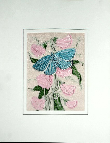 J & J Cash woven butterfly card, with no title words, but picture of a Common Blue butterfly