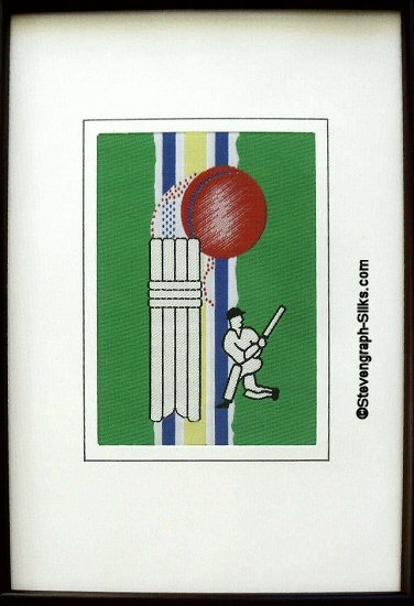 J & J Cash woven sports card, with image of a batsman, ball and pad