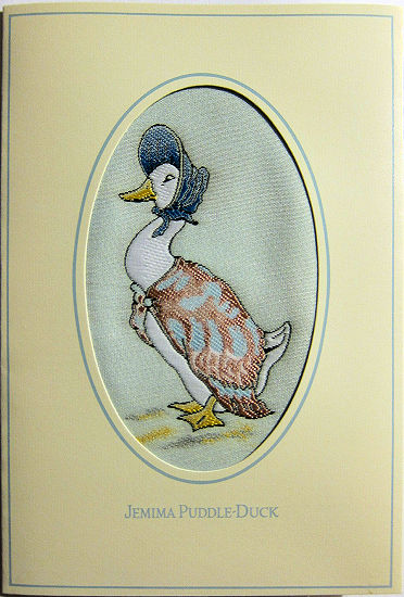 J & J Cash woven card, with title words, Jemima Puddle-Duck