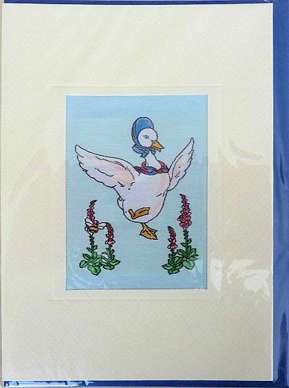 J & J Cash woven card, with no title words, but image of Jemima Puddle-Duck and flowers
