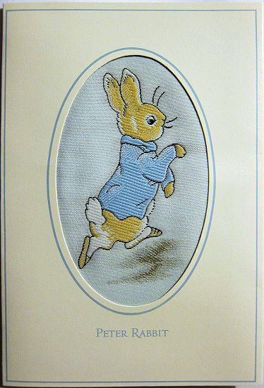 J & J Cash woven card, with title words, Peter Rabbit