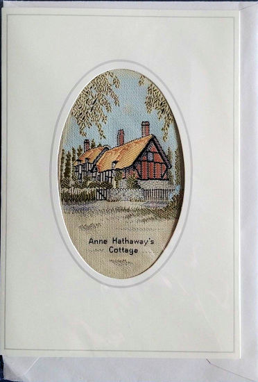 J & J Cash woven card, with title words, Anne Hathaway's Cottage