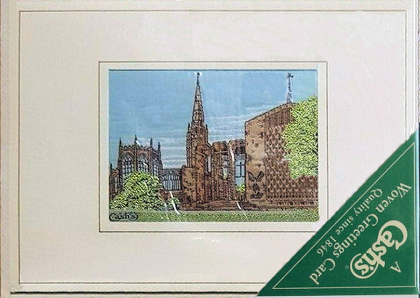 J & J Cash woven card, with no title words, but image of Coventry Cathedral