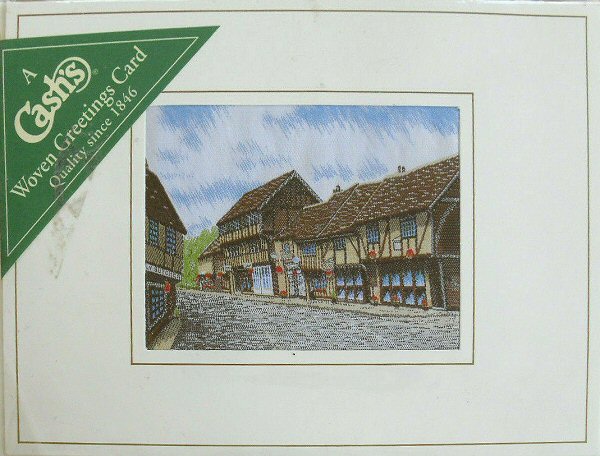 J & J Cash woven card, with no title words, but image of a medieval Spon Street, Coventry