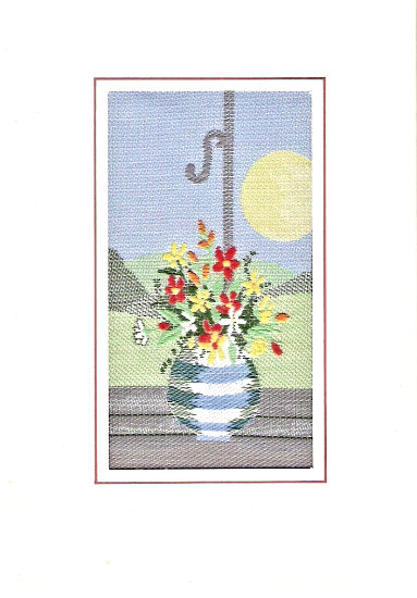 J & J Cash woven card, with no words, with image of a flower pot in a window