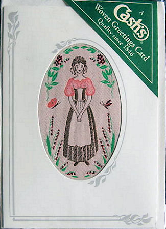 J & J Cash woven card, with no words, with image of a Young woman