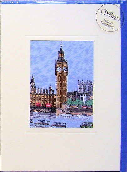 J & J Cash woven card, with no title words, but image of the London Clock Tower & Big Ben